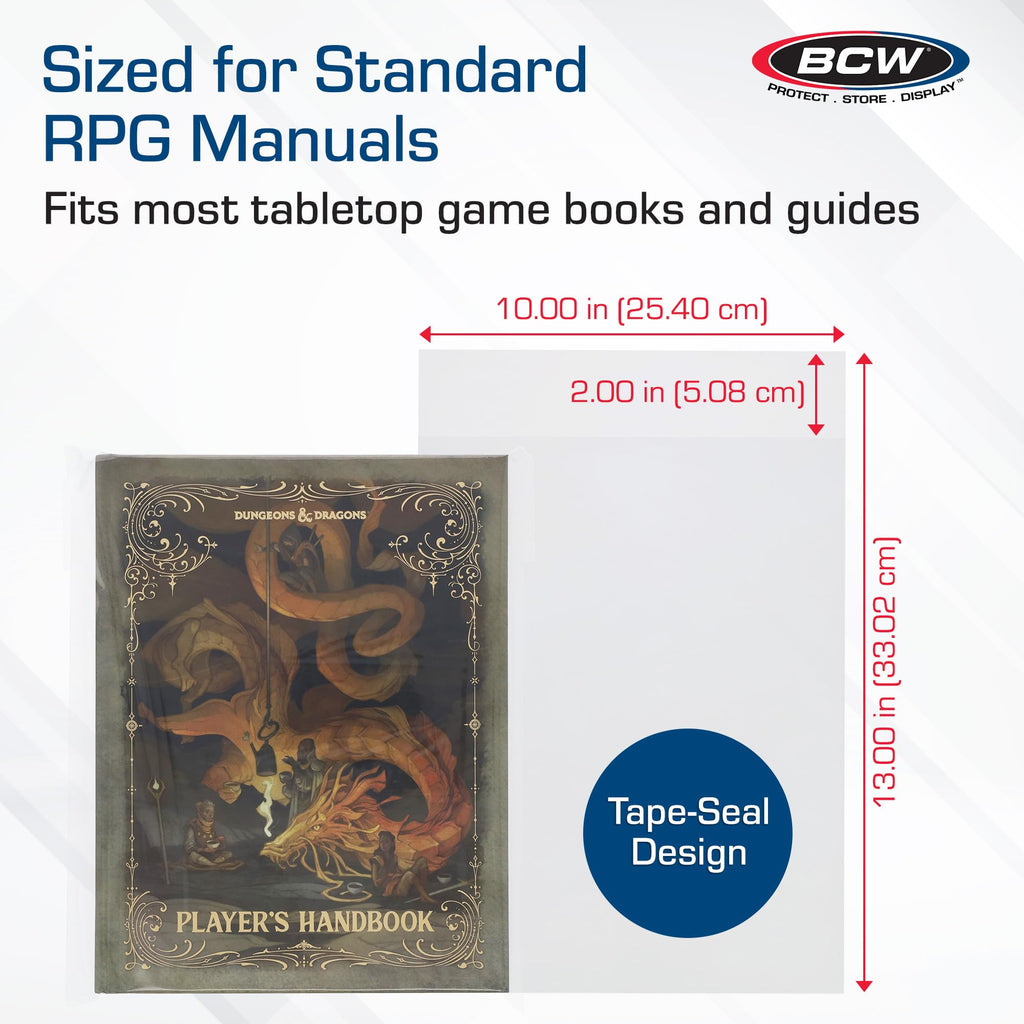 BCW Book Storage Bags – 100 Pack | 10" x 13" + 2" Fold-Over Flap | Archival-Safe Polypropylene Sleeves for RPG Books, Manuals & Magazines | Crystal Clear Book Protector Bags