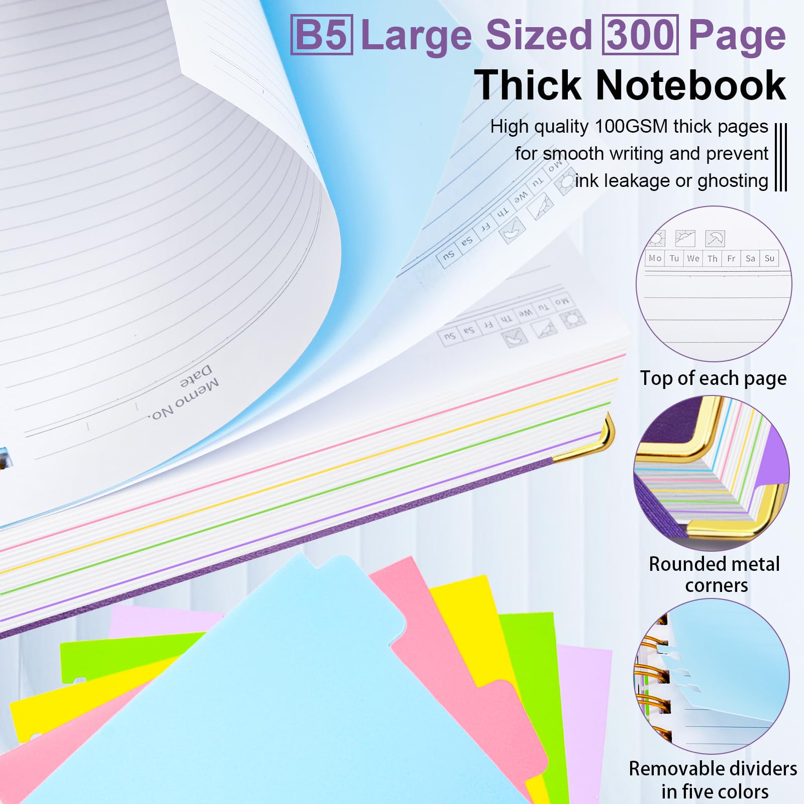 Hardcover Spiral Notebook 8"x10" Journal Notebook with Tabs and Removable Dividers 300 Pages 5 Subject Notebook College Ruled, Faux Leather Spiral Bound Notebook for Women School Work (Purple)