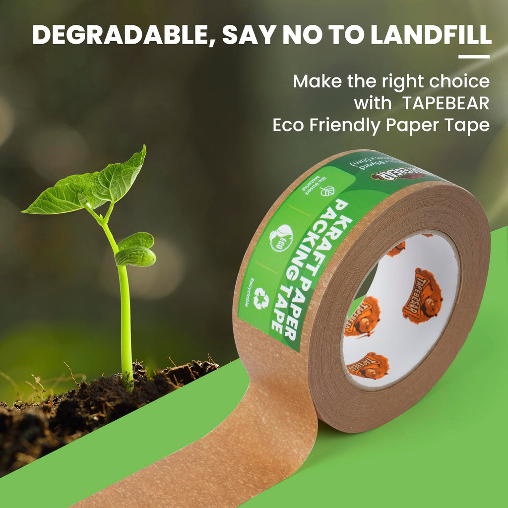 TAPEBEAR Eco-Friendly Kraft Paper Packing Tape, Biodegradable Heavy Duty 50mm x 50m, Recyclable Box Packaging Tape Self Adhesive for Shipping, Sealing, Moving & Masking, 6Rolls