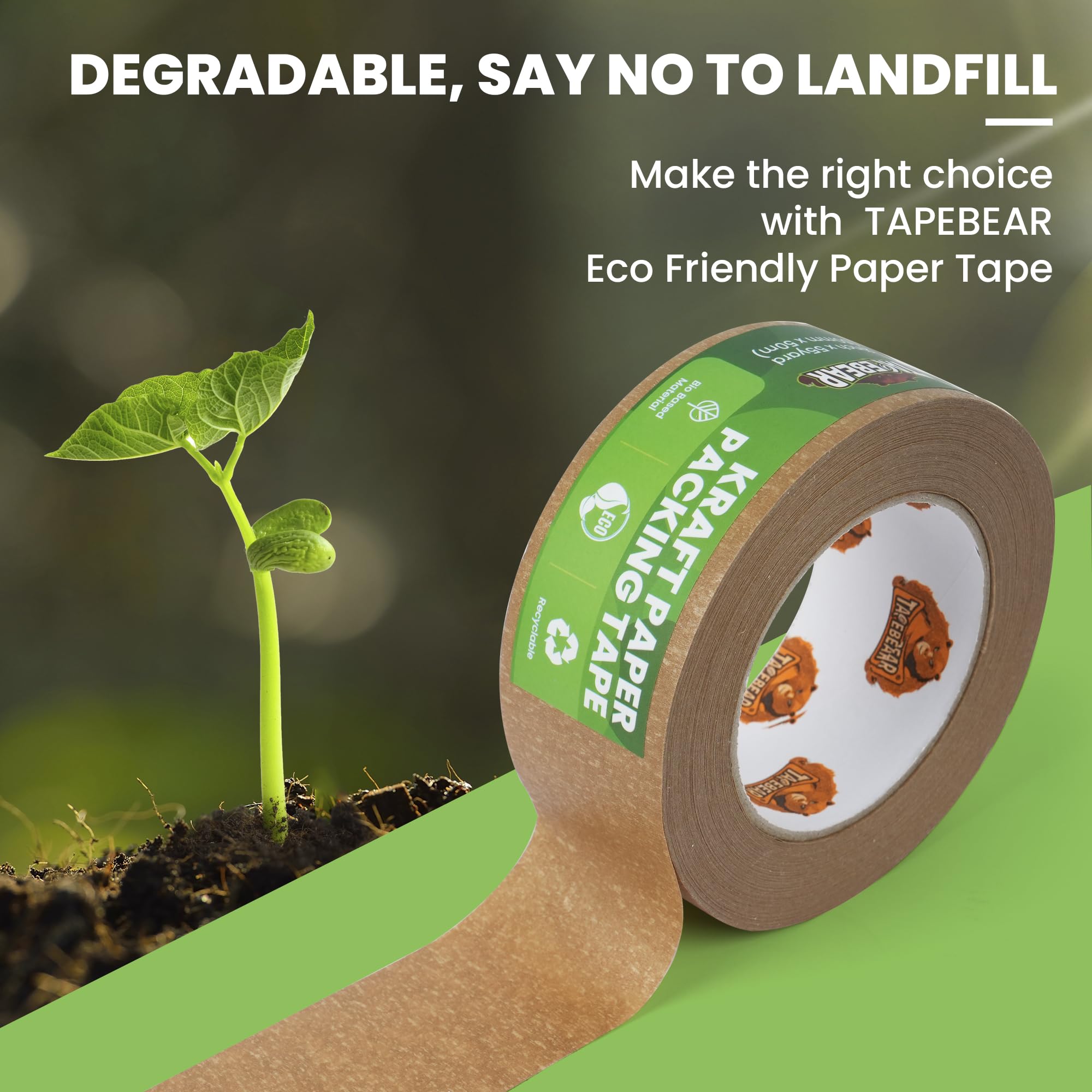 TAPEBEAR Eco-Friendly Kraft Paper Packing Tape, Biodegradable Heavy Duty 50mm x 50m, Recyclable Box Packaging Tape Self Adhesive for Shipping, Sealing, Moving & Masking, 6Rolls
