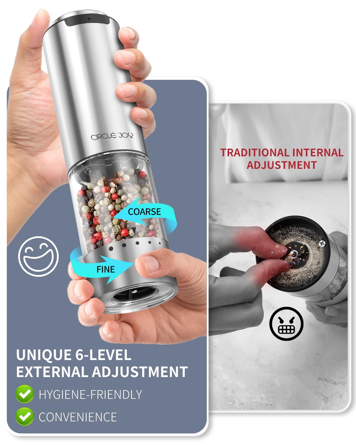 CIRCLE JOY Electric Pepper Grinder Stainless Steel Rechargeable Pepper Mill Grinder with External Adjustable Coarseness, White LED Light, USB Cable