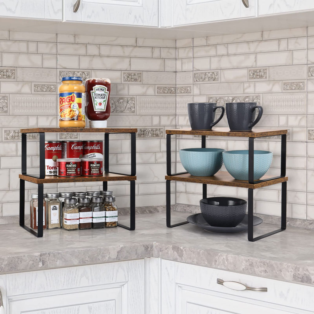 Cabinet Shelf Organizers, Set of 4 Wood and Metal Kitchen Storage Racks, Stackable Countertop Shelves, Expandable Pantry and Cupboard, Modern Black and Brown