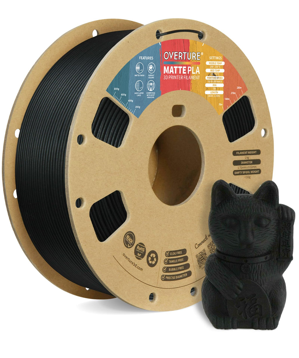 OVERTURE Matte PLA 3D Printer Filament 1.75mm, Matt Surface & Low Warping Filament 1kg Spool (2.2 lbs), Accuracy +/- 0.02 mm, Fit Most FDM Printers (Matte Black)
