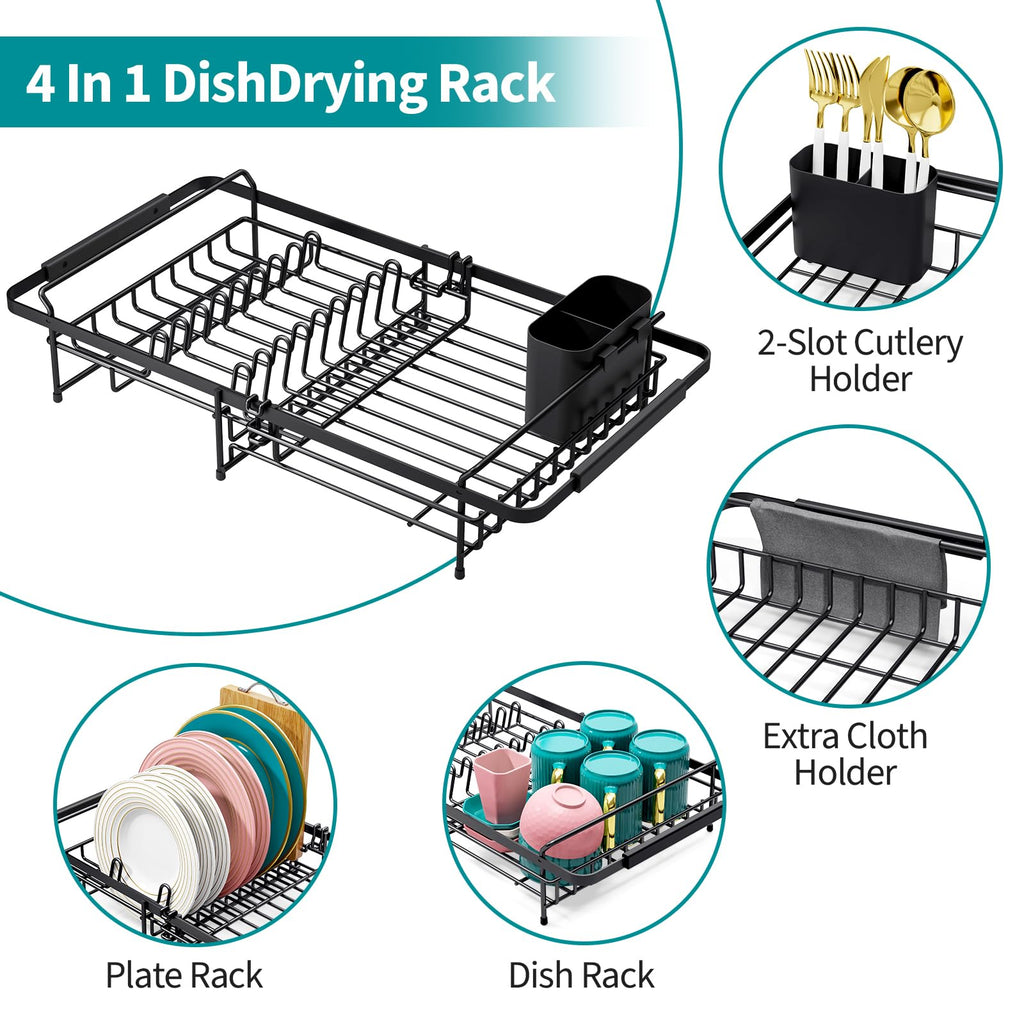 Urackify Expandable Dish Drying Rack Over The Sink, Adjustable Dish Rack in Sink, Rustproof Dish Drainer for Kitchen Counter, Dish Strainer with Utensil Holder