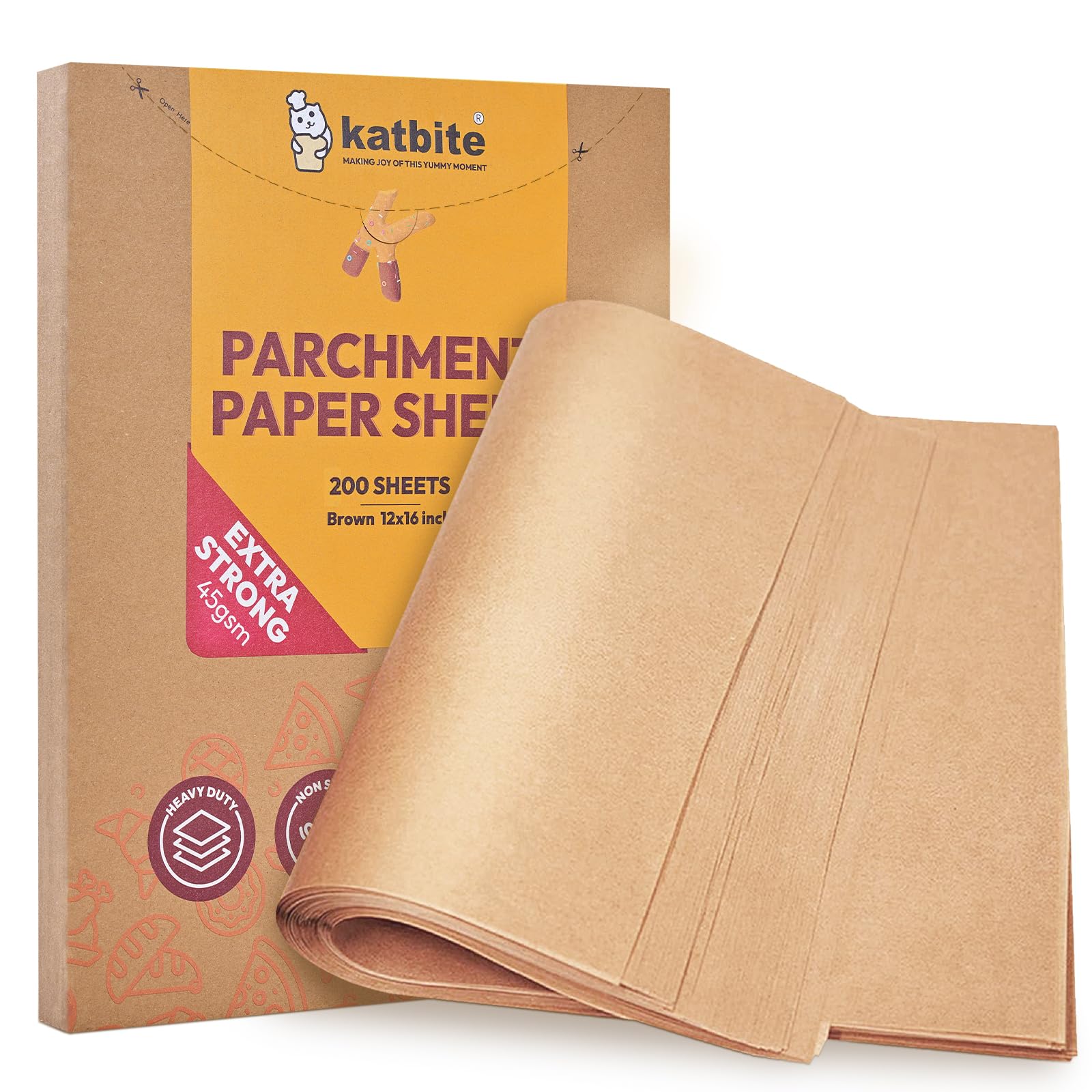Katbite 200pcs Unbleached Parchment Paper Sheets 12x16 inch (9x13 Optional) Heavy Duty, Baking Paper Parchment for Cookies, Bread, Meat, Pizza