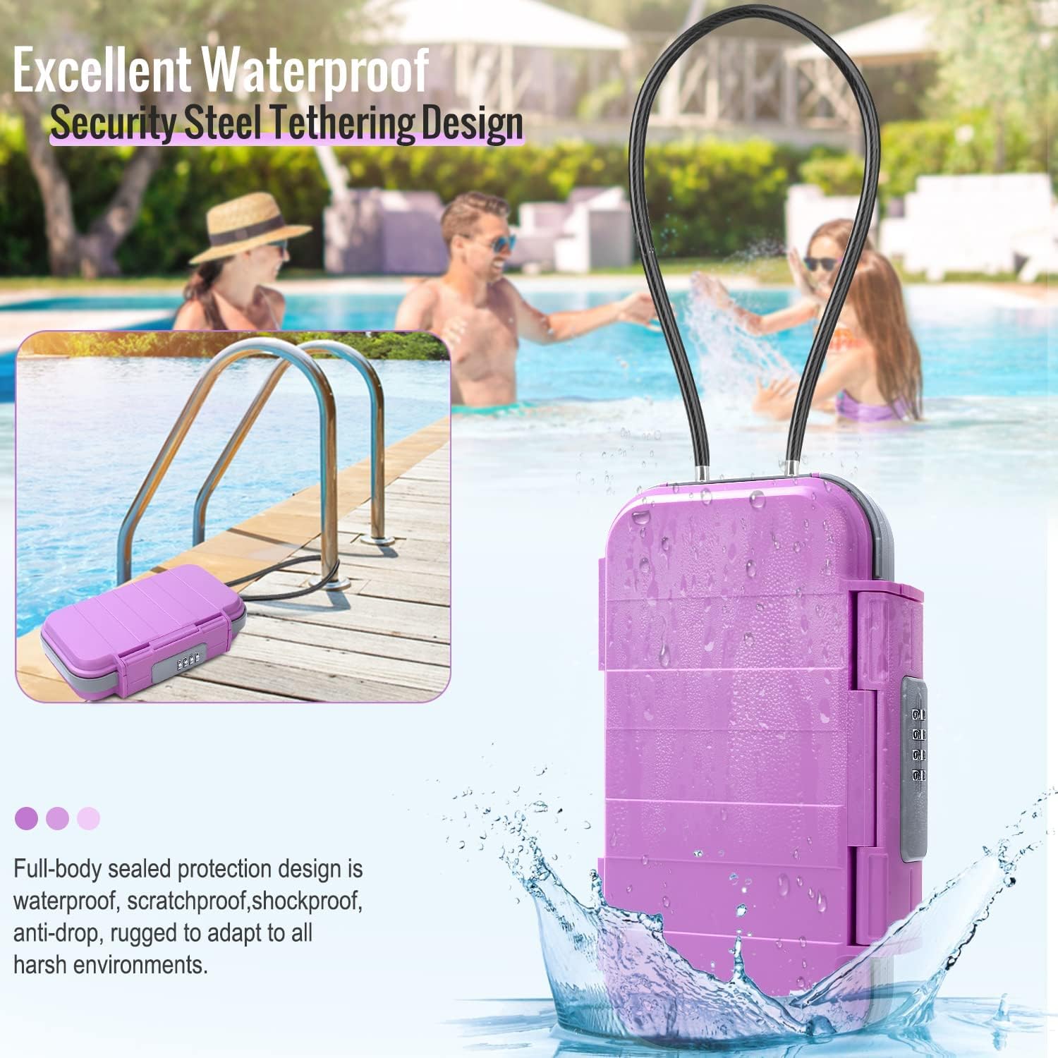 BKNOOU Travel Safe Portable Beach Safe Box Small Combination Safe Anti-Theft Lock Box Safe Waterproof Mini Security Case with Removable Wire Rope Security Box for Home,Office,Hotel,Cars,Travel