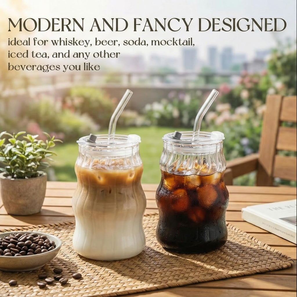 2 Pack Cloud Glass Cups with Lids and Straws - 18oz Ripple Glass Tumbler for Iced Coffee, Matcha, Smoothies - Aesthetic Ribbed Drinking Glasses, Also for Overnight Oats Containers with Lids