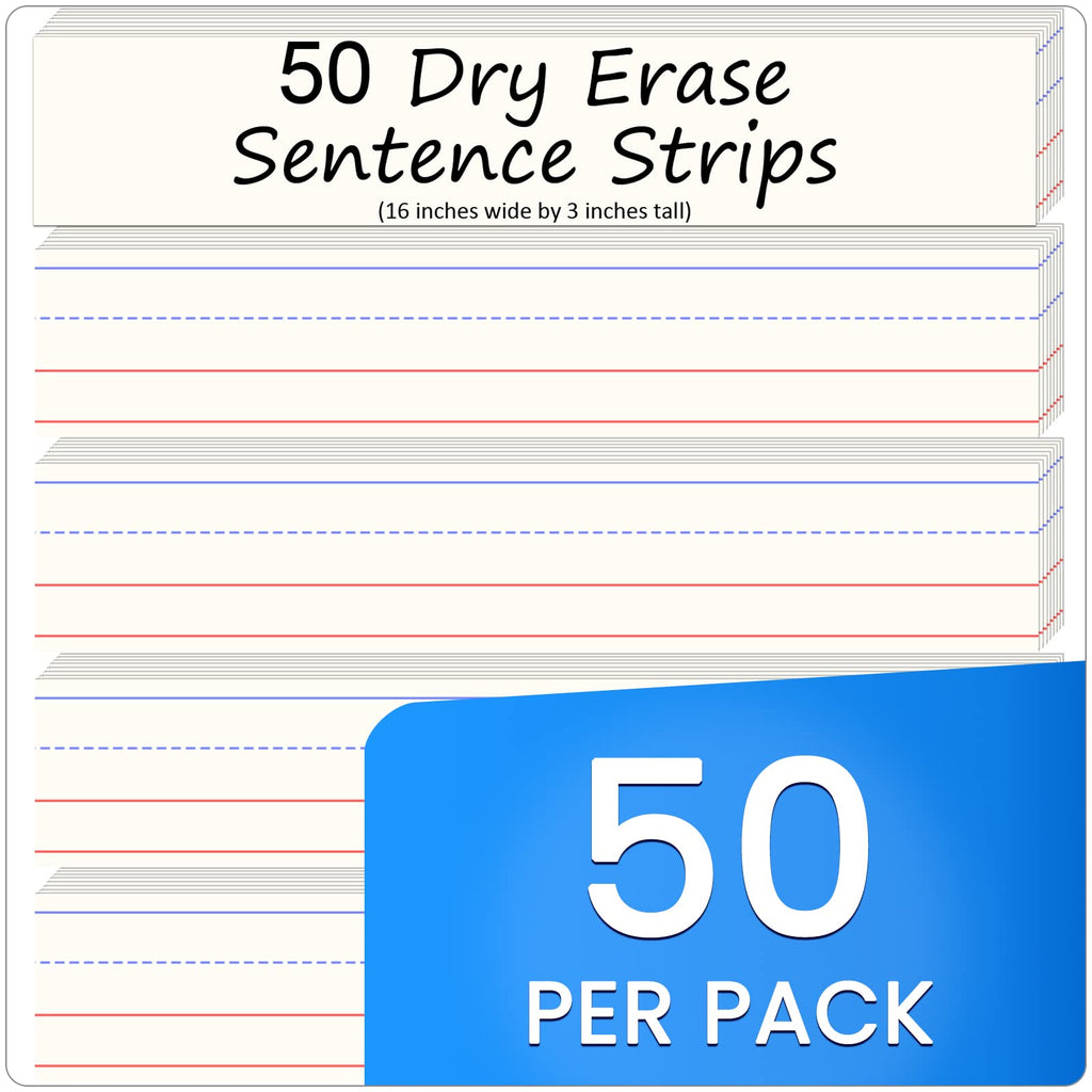 Godery 50 Pack Dry Erase Sentence Strips 16"X3" – Write and Wipe Away – Reusable Classroom Learning Tool for Your Standard Pocket Charts