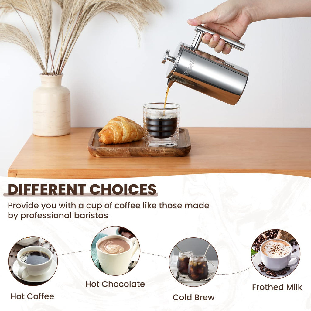 Velaze French Press Coffee Maker, Stainless Steel Double Wall Insulated French Press Coffee Press, Small Coffee Maker Included 4 Extra Fliters and 1 Coffee Spoon, 350ML, 12 oz