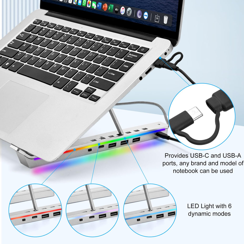 Laptop Stand with USB、Type C and RGB Lights, Aluminum Adjustable Foldable Laptop Stand for Desk, Ergonomic Portable Laptop Riser Holder Compatible with Laptops and iPad 10-15.6", Silver