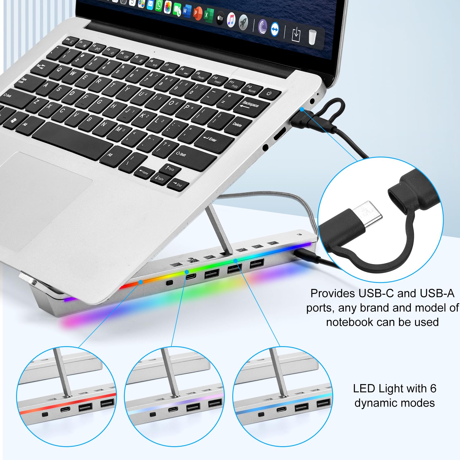 Laptop Stand with USB、Type C and RGB Lights, Aluminum Adjustable Foldable Laptop Stand for Desk, Ergonomic Portable Laptop Riser Holder Compatible with Laptops and iPad 10-15.6", Silver