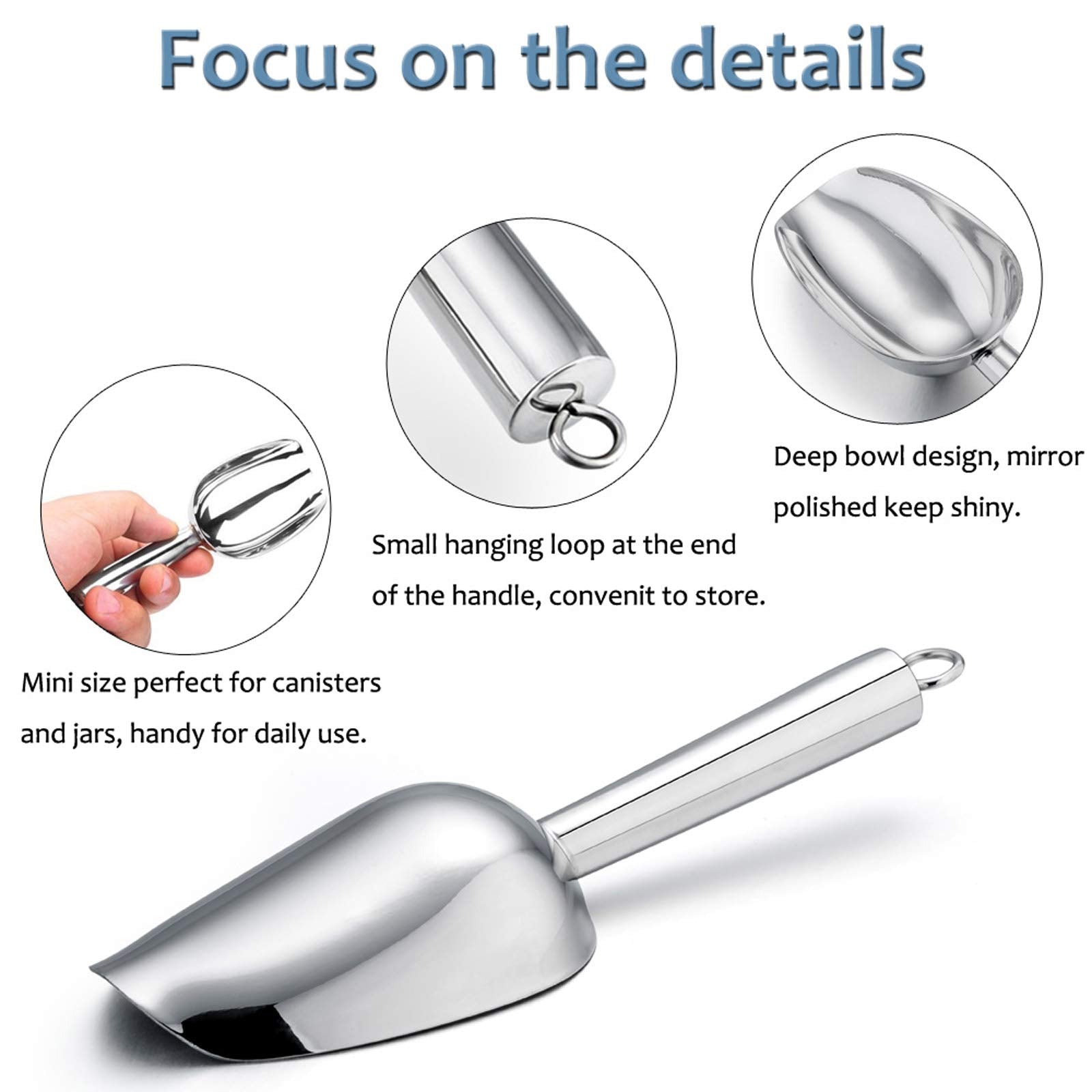 Mini Ice Scoop Set of 2, E-far 3 Ounce Stainless Steel Scoops for Ice Cube/Candy/Flour/Sugar, Metal Utility Scoops for Canisters, Baking, Kitchen Pantry, Rust Free & Dishwasher Safe