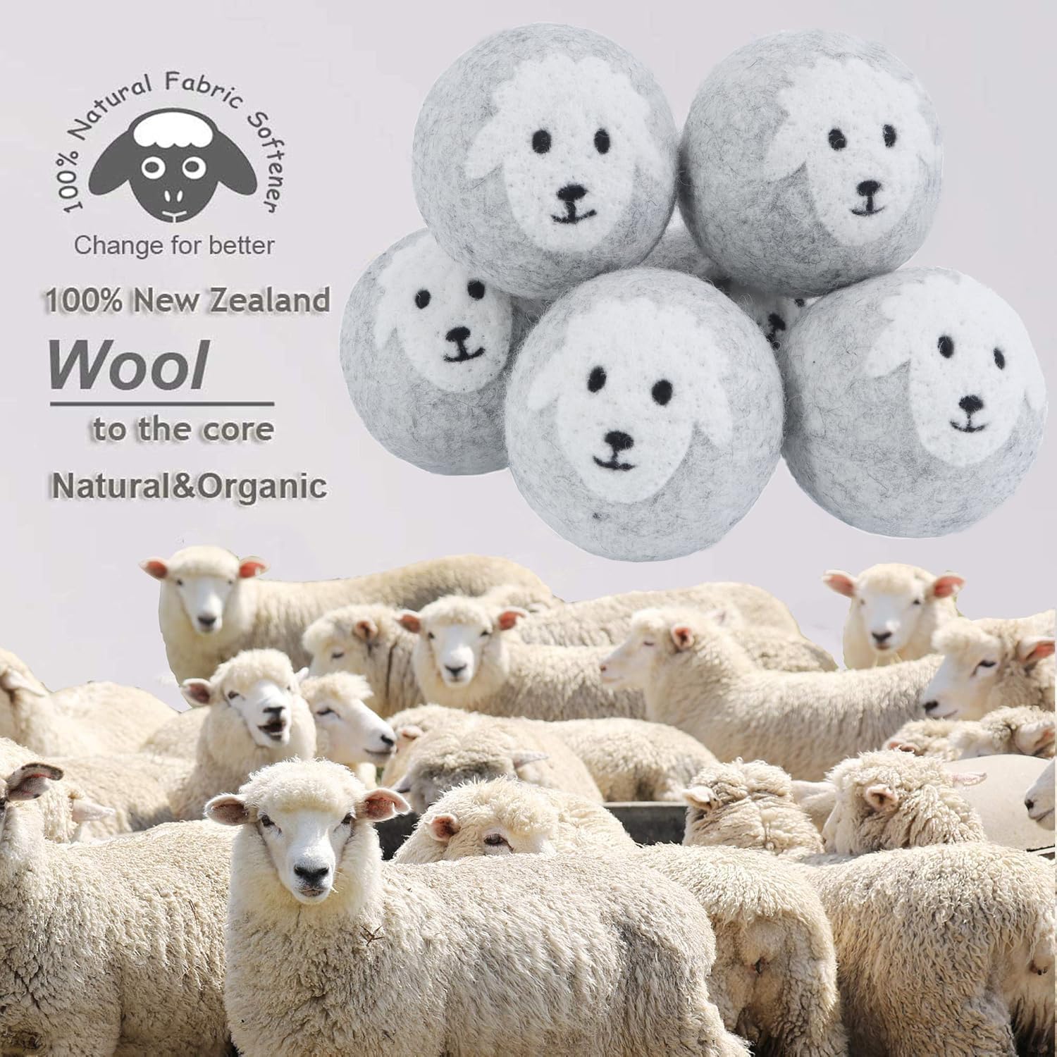 Budieggs Wool Dryer Balls Organic XL 6-Pack, 100% New Zealand Chemical Free Fabric Softener for 1000+ Loads, Baby Safe & Hypoallergenic, Reduce Wrinkles & Shorten Drying Time (Grey Sheep-6pcs)
