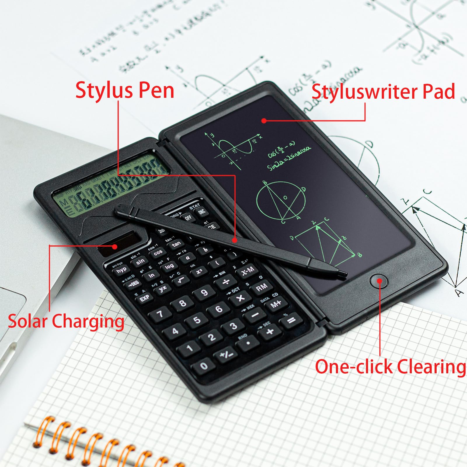 Scientific Calculator, Smart Folding Portable Scientific Function Calculator, 10-Digit LCD Solar Rechargeable Calculator with Erasable Writing Board, Versatile Silent Learning for Office and School