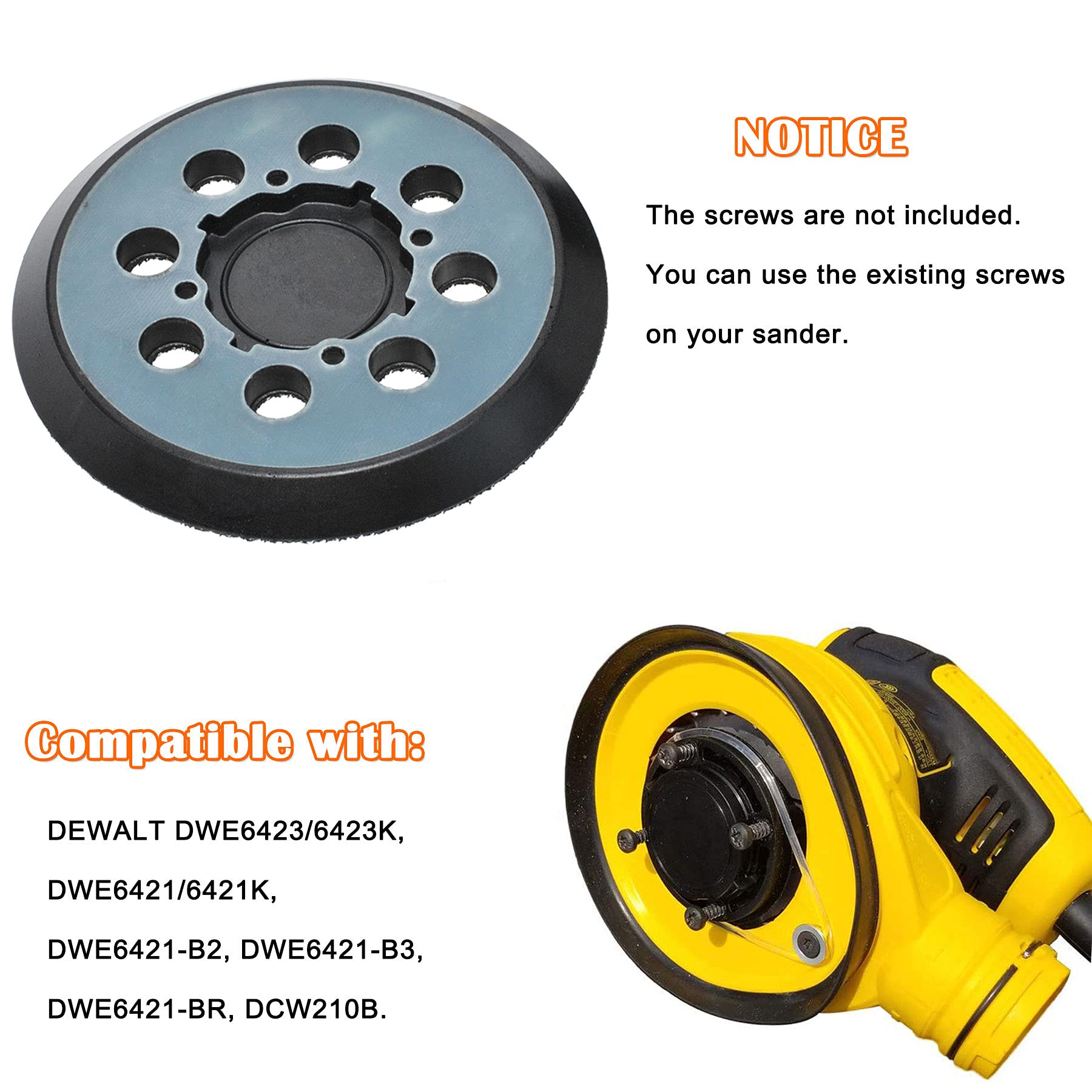 Wadoy 5 Inch Sander Pad Replacement Compatible with Dewalt Orbital Sander DWE6421 DWE6421K DWE6423 DWE6423K DCW210B, 8 Hole Hook and Loop Sanding Pad Replaces DWE64233 N329079 RSP54(2 Pcs)