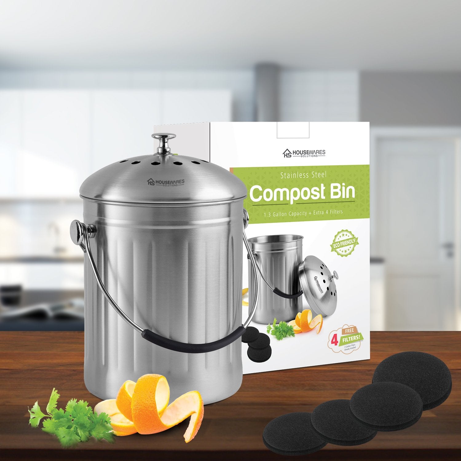 Leak Proof Stainless Steel Compost Bin 1.3 Gallon – Includes 4 Extra Free Filters