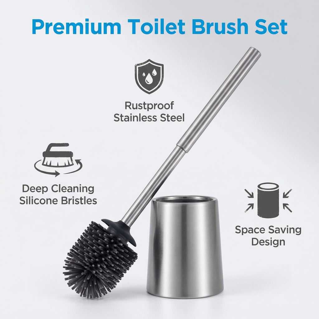 SOPRANNOMIN SUS304 Stainless Steel Toilet Brush and Holder Silicone Head TPE Soft Head Brosse Toilette Cleaning Brush for Bowl Bathroom Cleaning Brush Set Brosse de Toilette Brushed Silver