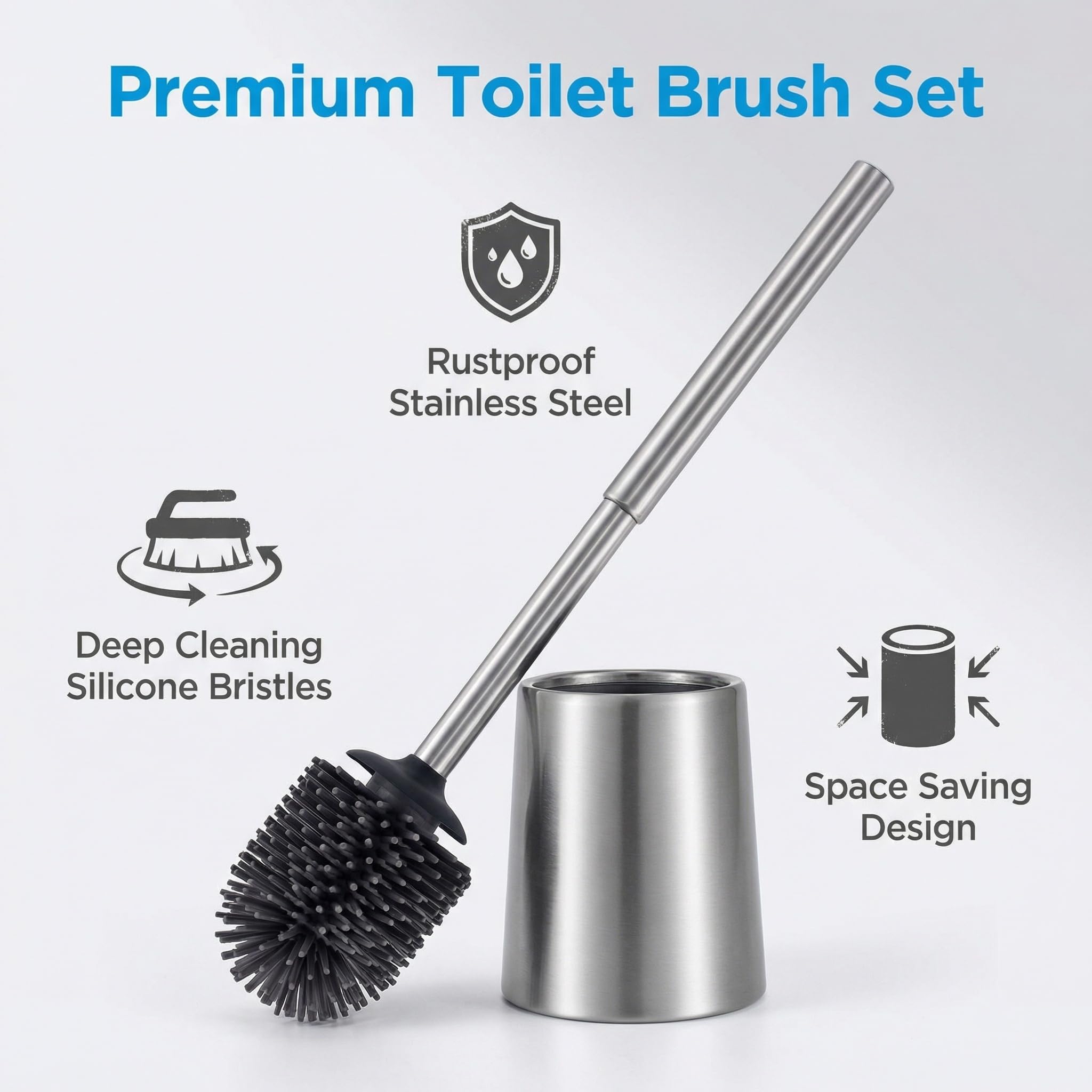 SOPRANNOMIN SUS304 Stainless Steel Toilet Brush and Holder Silicone Head TPE Soft Head Brosse Toilette Cleaning Brush for Bowl Bathroom Cleaning Brush Set Brosse de Toilette Brushed Silver