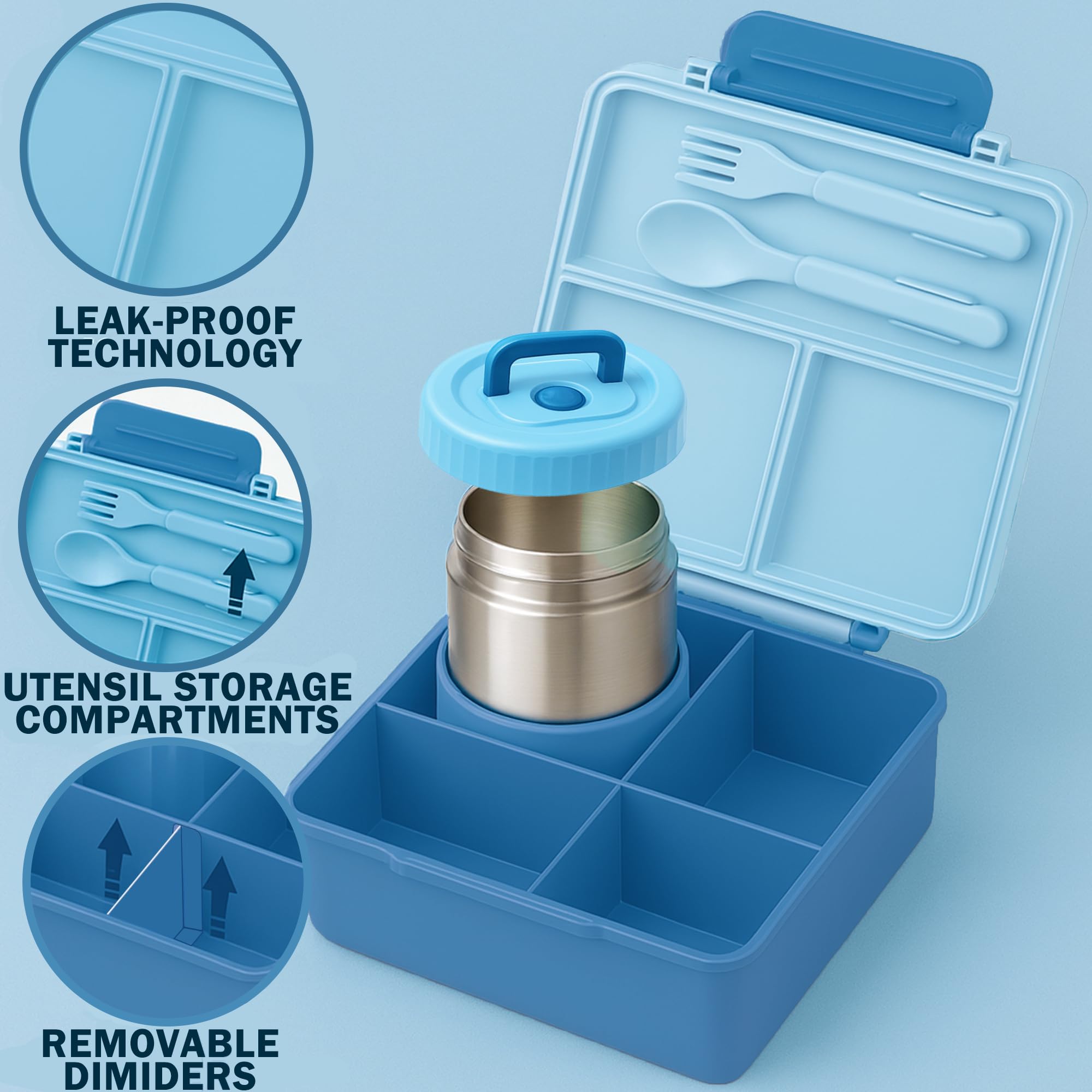 Bento Lunch Box for Kids with Carry Handle & Bento Box Bag, Leak-Proof 4-Compartments Lunch Box with 12oz Soup Jar and Cutlery, with Custom Dividers,Drop-Proof, Microwave and Dishwasher Safe (Blue)