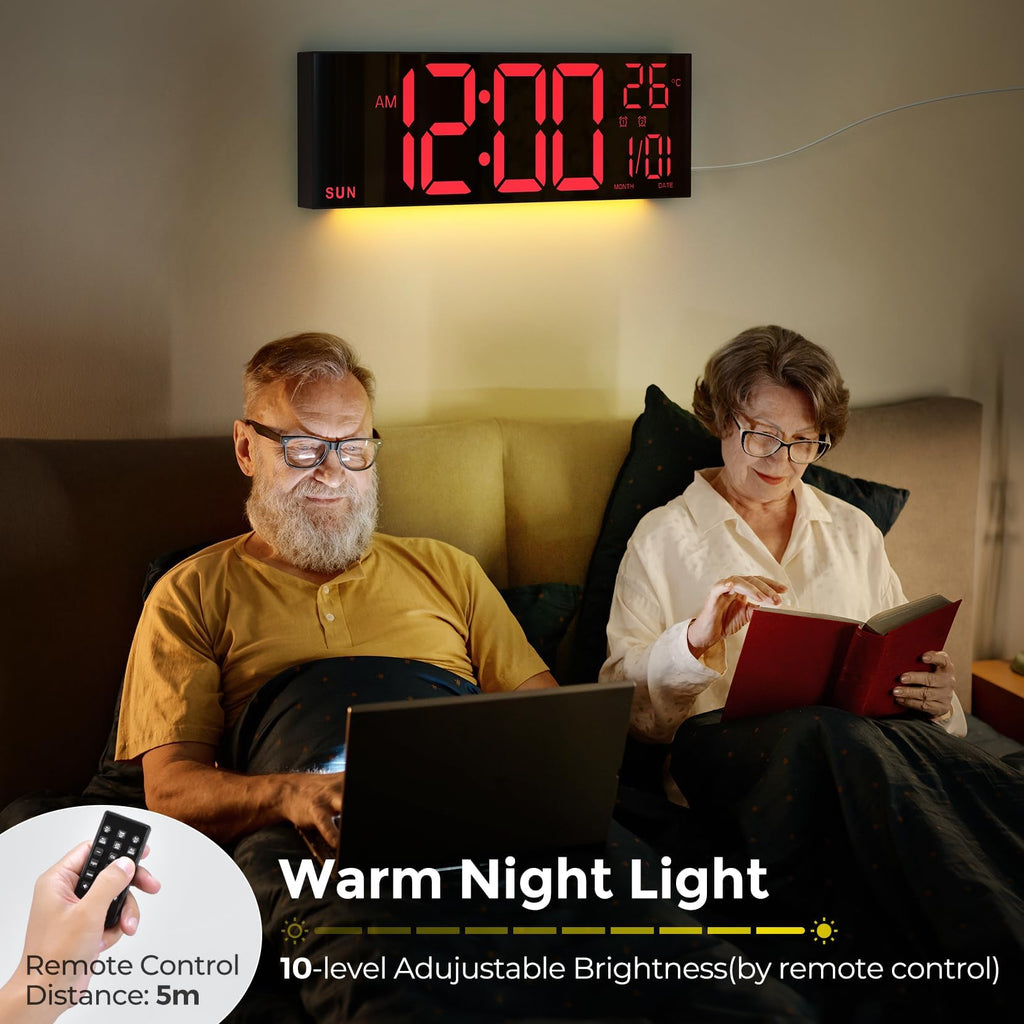 GOLOZA 16" Large Digital Wall Clock, Led Clock with Remote Control, Dual Alarms, 10 Brightness Dimmer, 8 Colors, 5 Volume, Auto DST, ℃/℉, Timer, Alarm Clocks Bedside for Heavy Sleepers