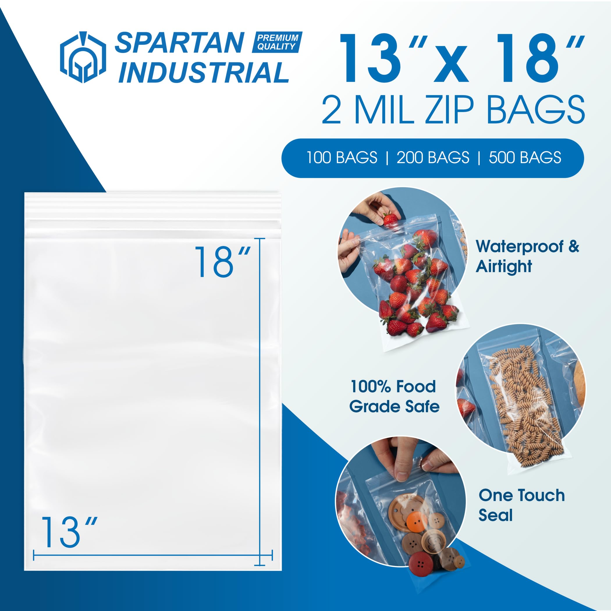Spartan Industrial - 2 Mil Clear Reclosable Zip Plastic Poly Bags with Resealable Lock Seal Zipper - 13" X 18" (100 Count)