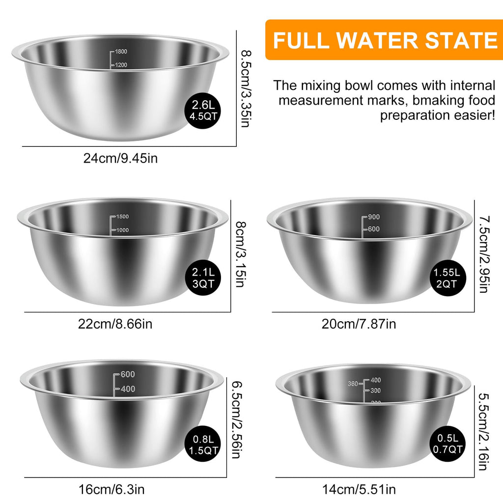 KOUISYY 5PCS Stainless Steel Mixing Bowls Set with Measurement Lines, Kitchen Nesting Bowls for Baking Prepping Cooking Serving Salad Vegetables, Food-Grade Breader Bowl Size 4.5, 3, 2, 1.5, 0.7 QT