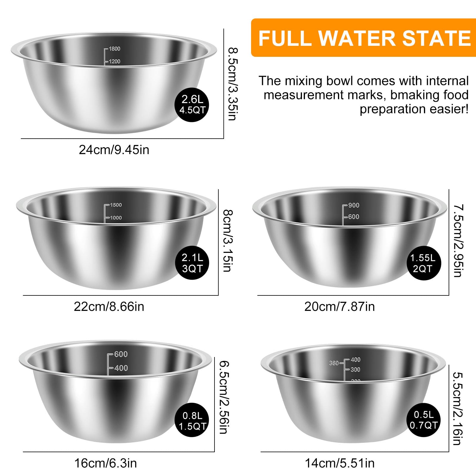 KOUISYY 5PCS Stainless Steel Mixing Bowls Set with Measurement Lines, Kitchen Nesting Bowls for Baking Prepping Cooking Serving Salad Vegetables, Food-Grade Breader Bowl Size 4.5, 3, 2, 1.5, 0.7 QT