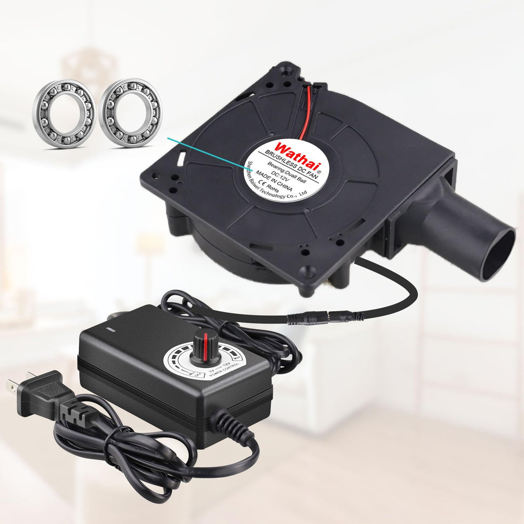Wathai 120mm x 32mm Dual Ball Blower Fan 12V with 110v - 240v AC Plug Variable Speed Controller - High Velocity Squirrel Cage Fans for DIY Cooling Projects, BBQ, Drum Smoker