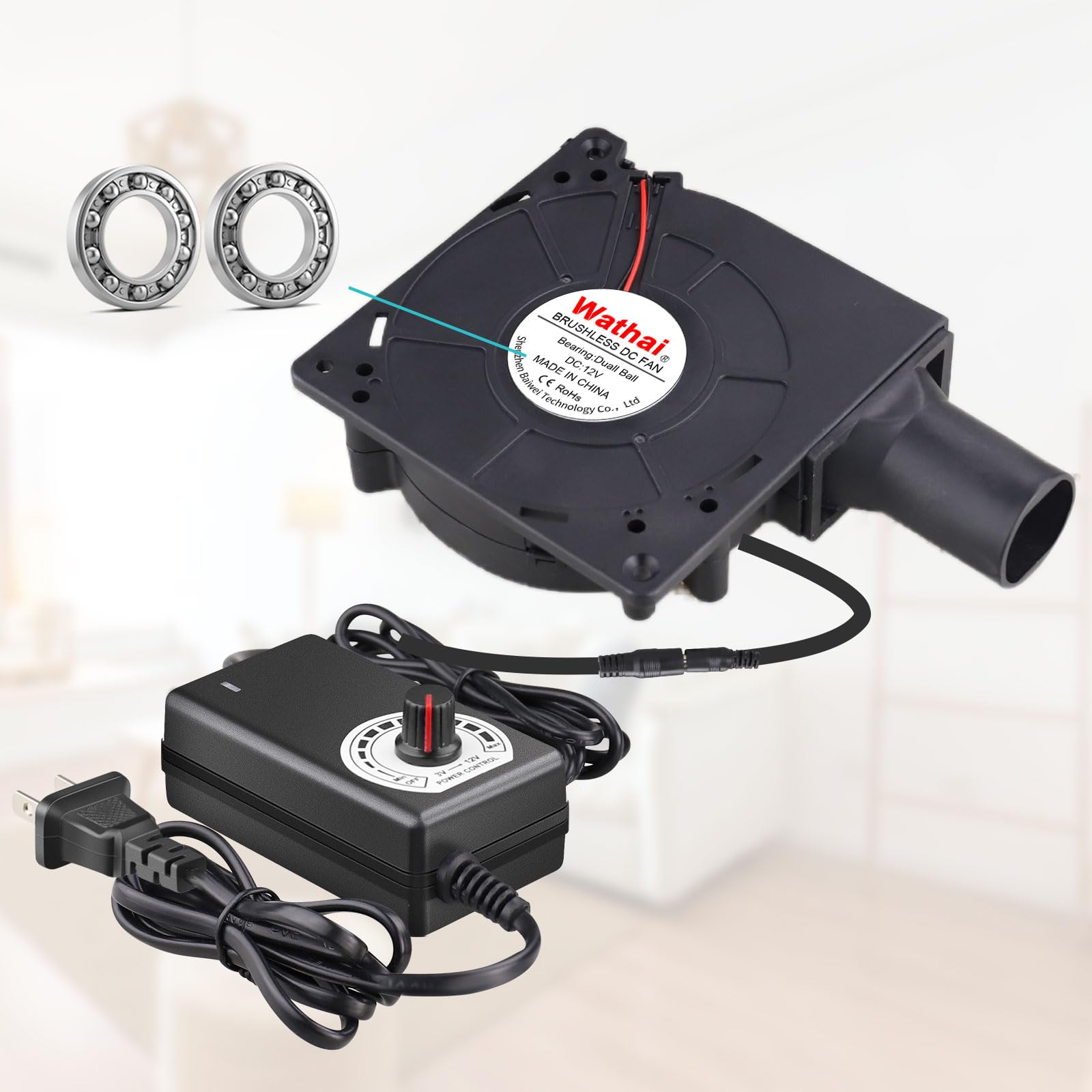 Wathai 120mm x 32mm Dual Ball Blower Fan 12V with 110v - 240v AC Plug Variable Speed Controller - High Velocity Squirrel Cage Fans for DIY Cooling Projects, BBQ, Drum Smoker