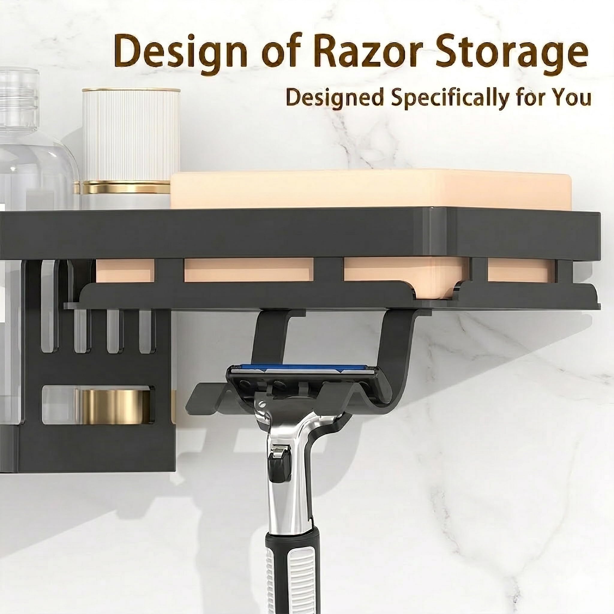 Gabeeriso Shower Caddy Corner, Bathroom Organizers Soap Holder Shower Shelves 2-in-1, Bathroom Shelves with 18 Hooks, Rust-Resistant Adhesive Shower Shelf No Drilling. (L-Shaped Black 3-Pack)