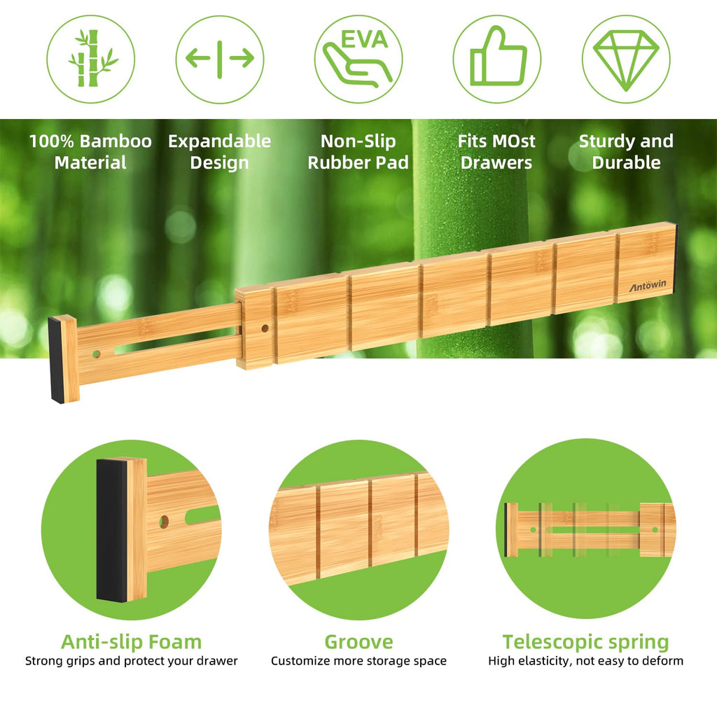 ANTOWIN 4 Pack Expandable Drawer Dividers, 2.2'' High, Extend from 17'' to 22'', Dresser Drawer Organizers, Bamboo Separators for Kitchen, Bedroom, Office, with 12 Pack Divider Inserts (Natural)