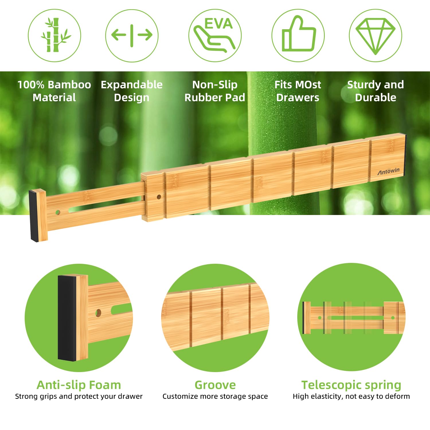 ANTOWIN 4 Pack Expandable Drawer Dividers, 2.2'' High, Extend from 17'' to 22'', Dresser Drawer Organizers, Bamboo Separators for Kitchen, Bedroom, Office, with 12 Pack Divider Inserts (Natural)