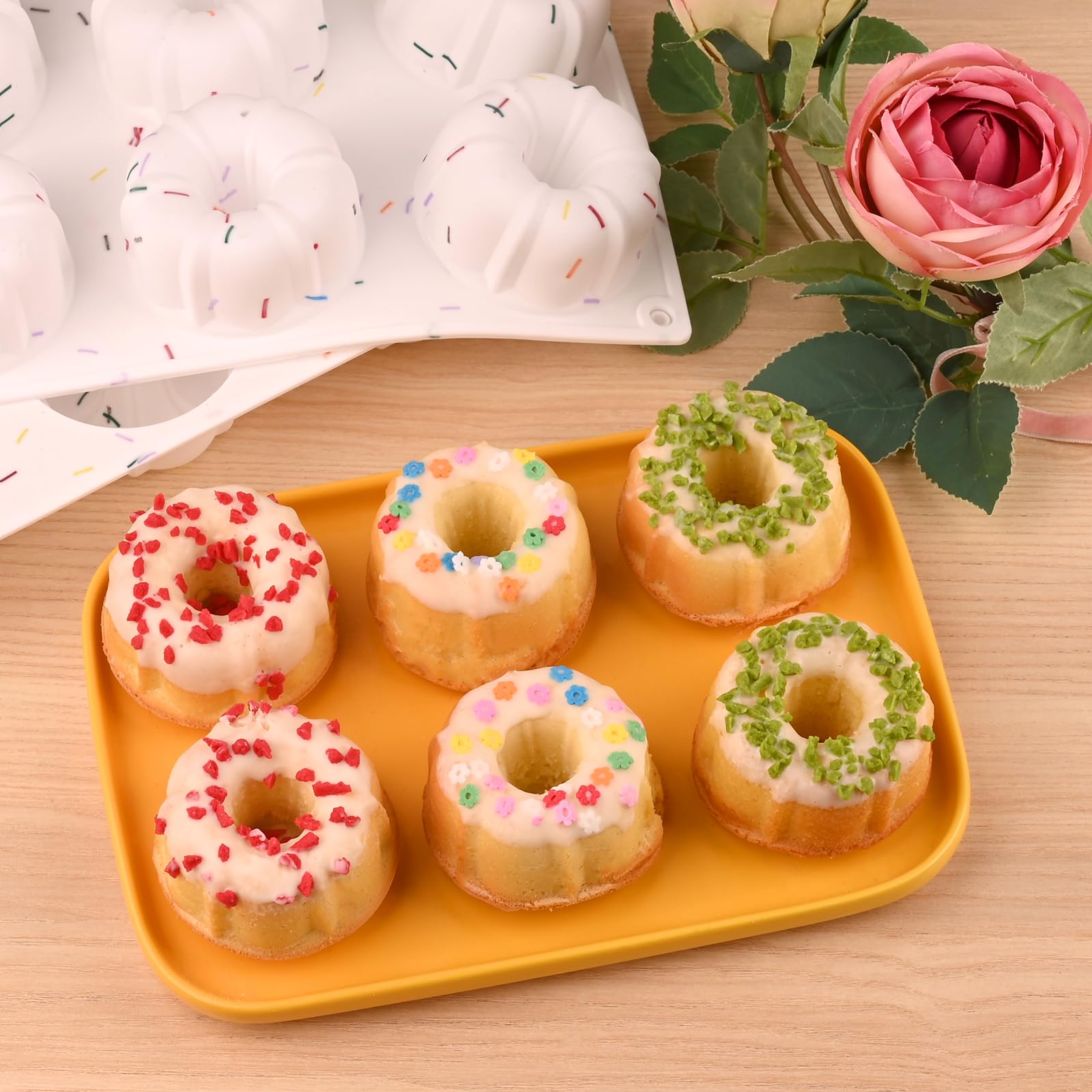 HUAKENER 2 Pcs Mini Fluted Cake Pan, 6-Cavity Fluted Tube Cake Pan, Non-stick Silicone Baking Mold for Cupcakes, Donuts, Muffins, Cornbread, Brownies, Jellies
