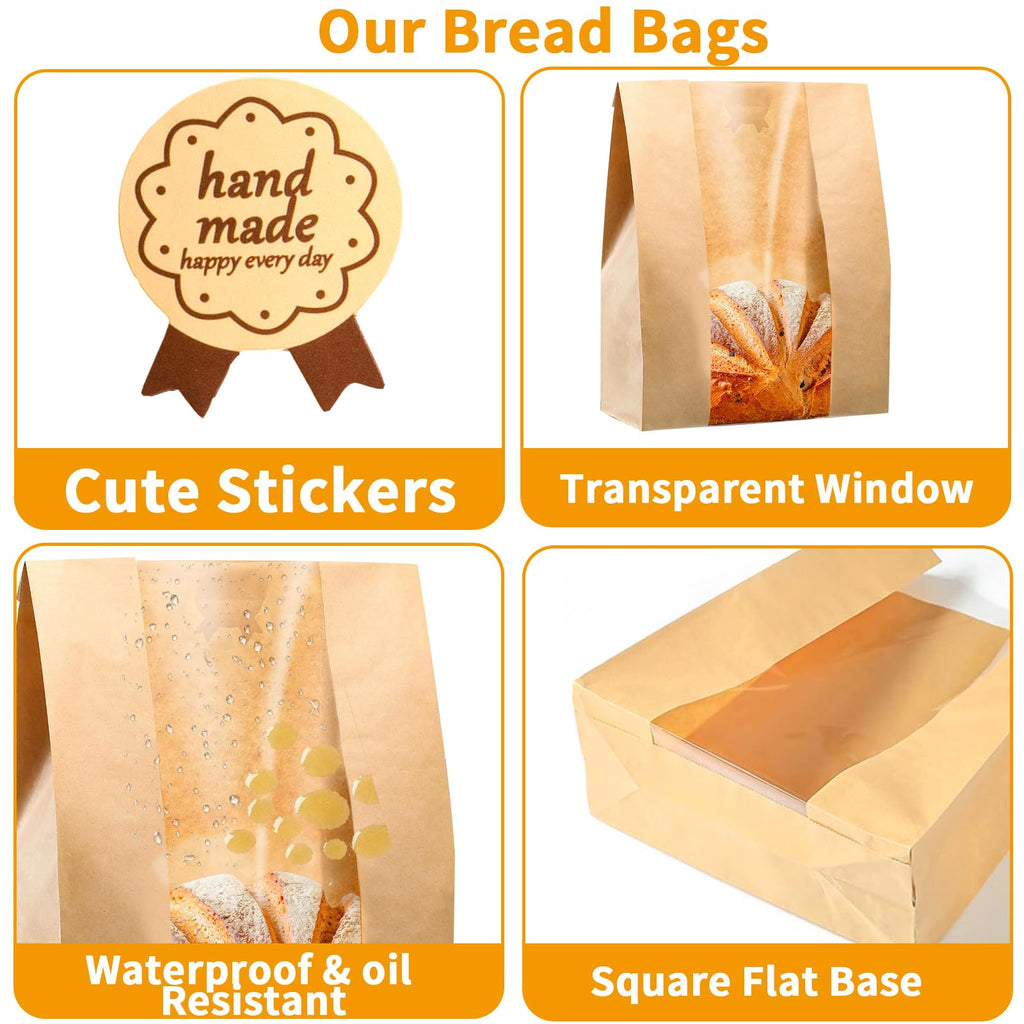 100Packs Sourdough Bread Bags for Homemade Bread, Brown Paper Food Storage Bags with Clear Window Includes Label Seal Stickers,Bakery Packaging Bags Large 13.7x8.2x3.5inch