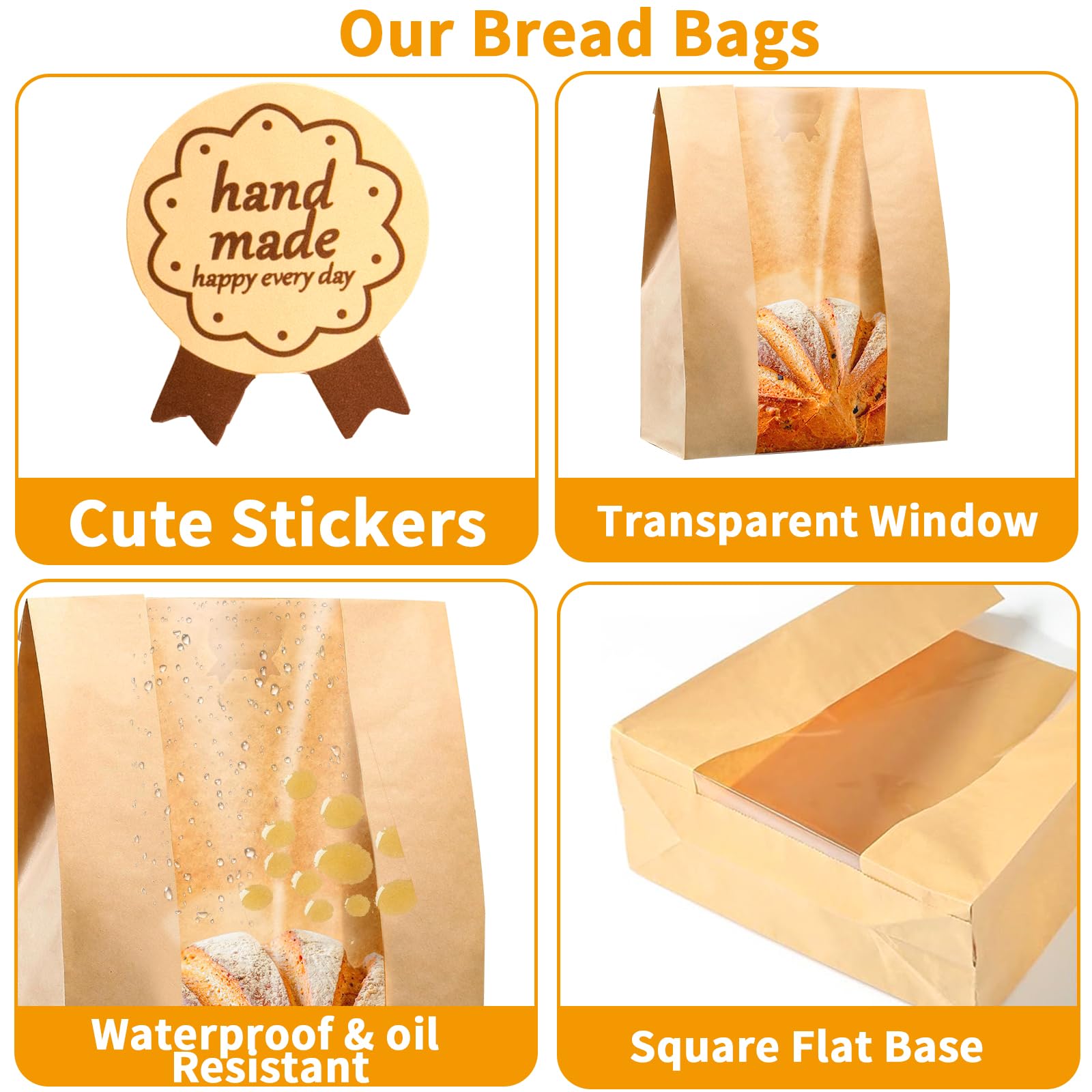 100Packs Sourdough Bread Bags for Homemade Bread, Brown Paper Food Storage Bags with Clear Window Includes Label Seal Stickers,Bakery Packaging Bags Large 13.7x8.2x3.5inch