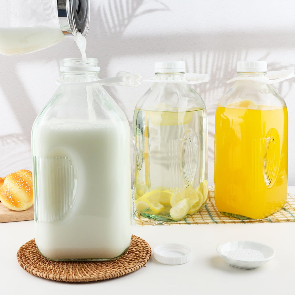CARBLIN 64 Oz Glass Milk Bottles, Heavy Duty Glass Milk Jugs with Airtight Lid, 2Qt Clear Water Container for Refrigerator, Reusable Juice Pitcher with Brush & Handle (1/2 Gal, 3 Pack)