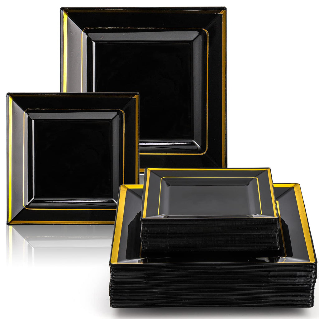 Suwimut 70 Pack Disposable Plastic Plates, Black Square Hard Plastic Plates with Elegant Gold Rim for Wedding Party, 35 Pieces 9.5 Inch Dinner Plates + 35 Pieces 6.5 Inch Dessert Plates