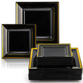 Suwimut 70 Pack Disposable Plastic Plates, Black Square Hard Plastic Plates with Elegant Gold Rim for Wedding Party, 35 Pieces 9.5 Inch Dinner Plates + 35 Pieces 6.5 Inch Dessert Plates