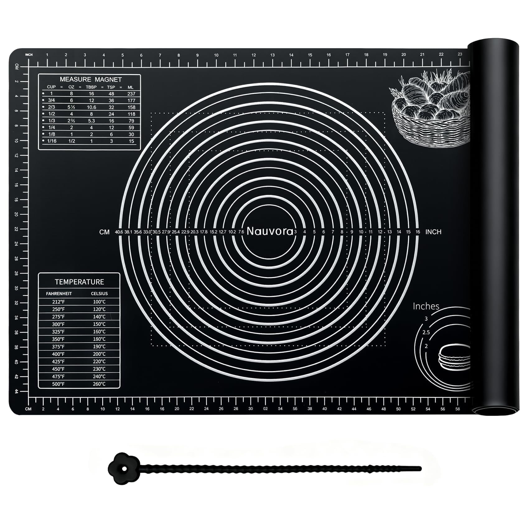 Nauvora Extra Large Baking Mat - 28" Silicone Pastry Mat, Reusable Non-Stick Dough Mat with Measurement for Fondant, Rolling Dough, Pie Crust, Pizza and Cookies, Black