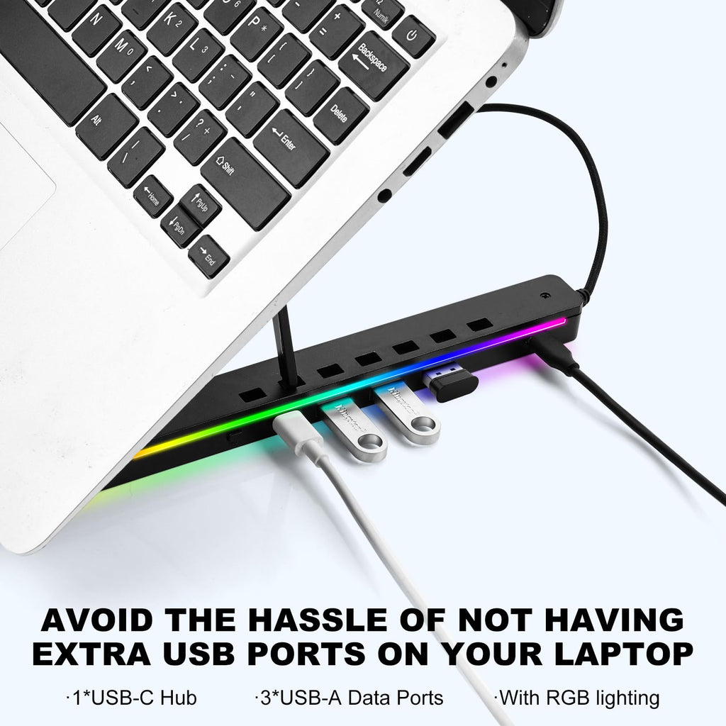 Laptop Stand for Desk, Aluminum Computer Stand with USB-A、USB-C and RGB Lights, Adjustable Foldable Portable Notebook Stand, Multi-Functional Laptop Riser with Additional Ports
