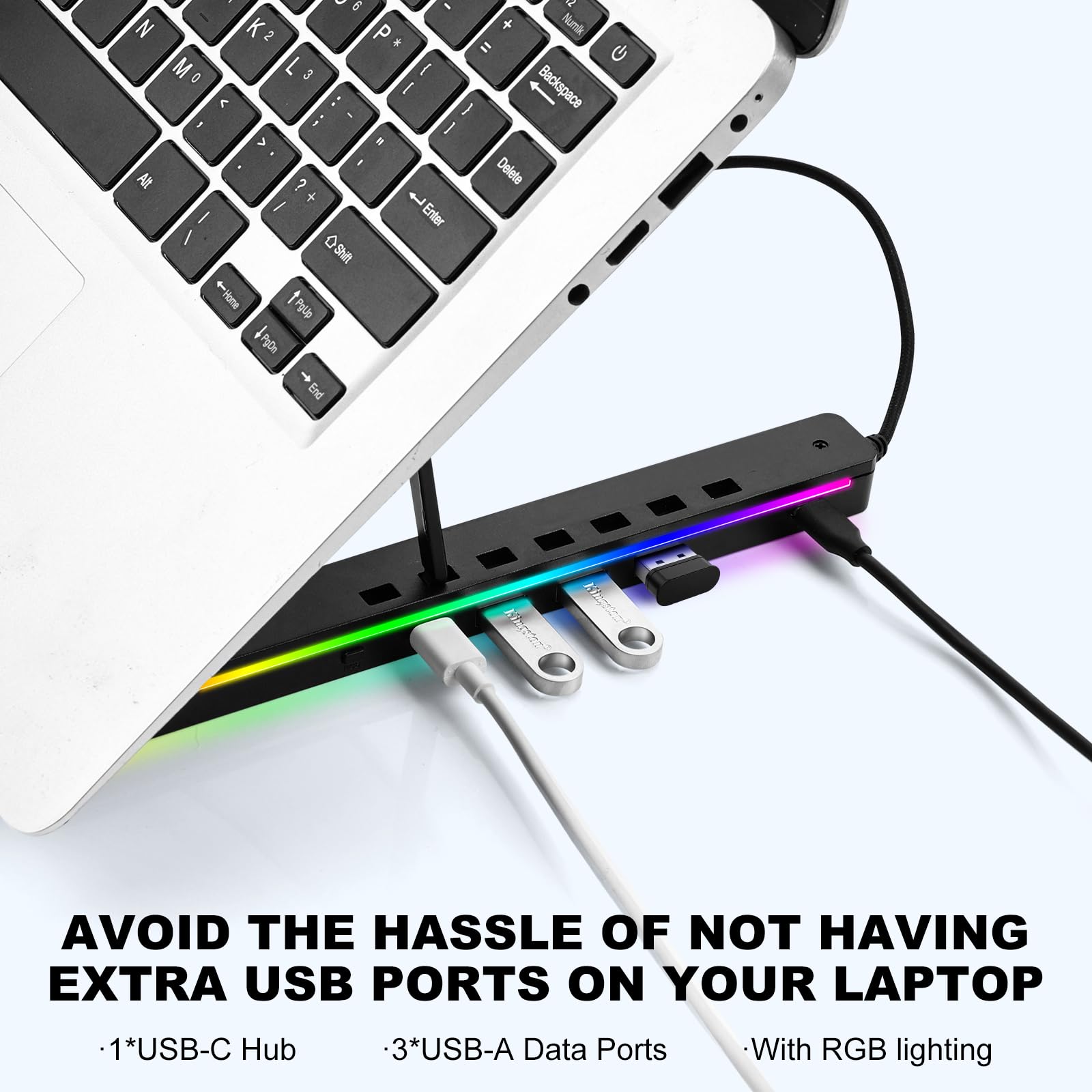 Laptop Stand for Desk, Aluminum Computer Stand with USB-A、USB-C and RGB Lights, Adjustable Foldable Portable Notebook Stand, Multi-Functional Laptop Riser with Additional Ports