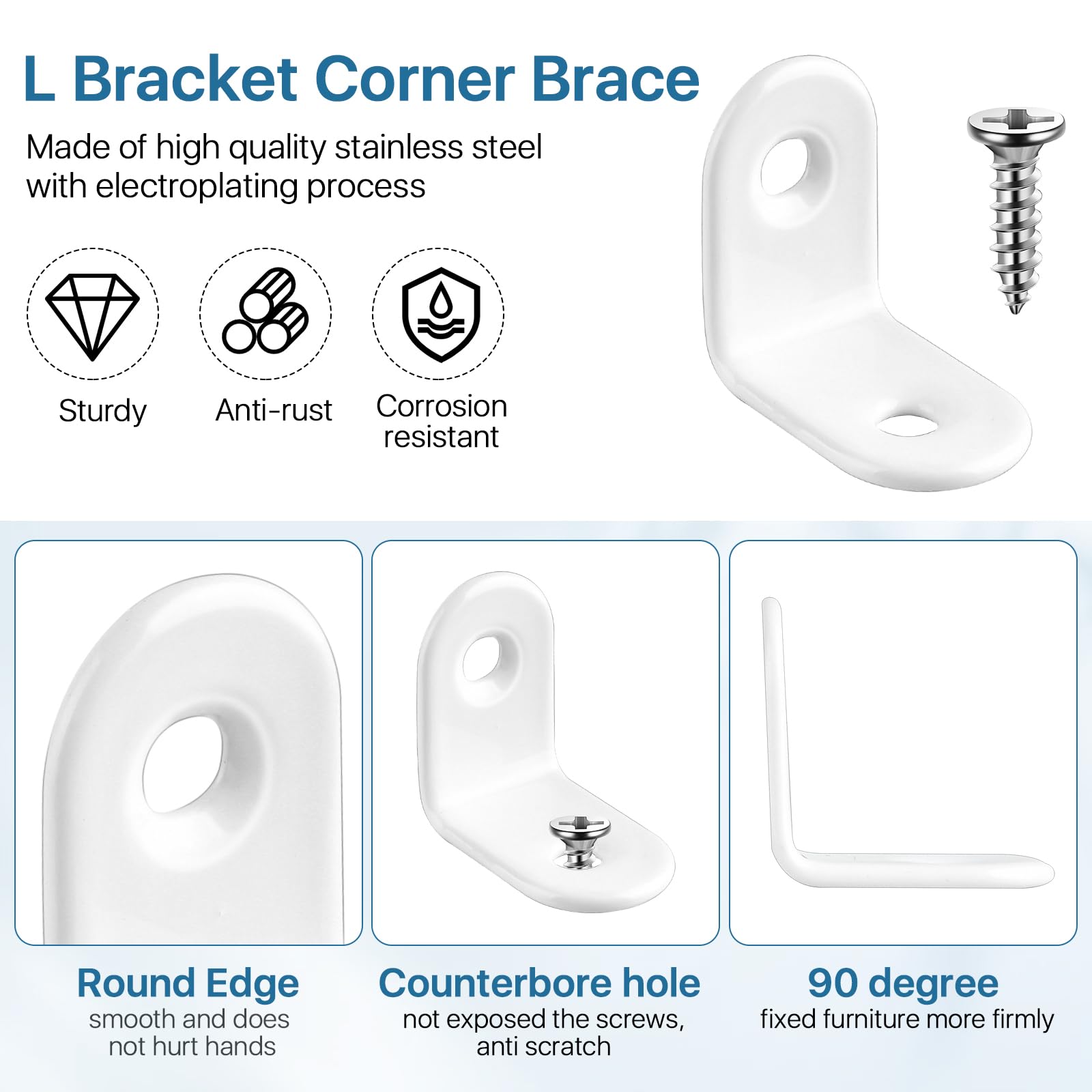 Worldity 50 Pcs L Bracket Corner Brace, 25 mm x 25 mm Stainless Steel L Brackets for Shelves, 90 Degree Right Angle L Brackets for Wood, White Corner Braces with Screws for Furniture Cabinet Shelves