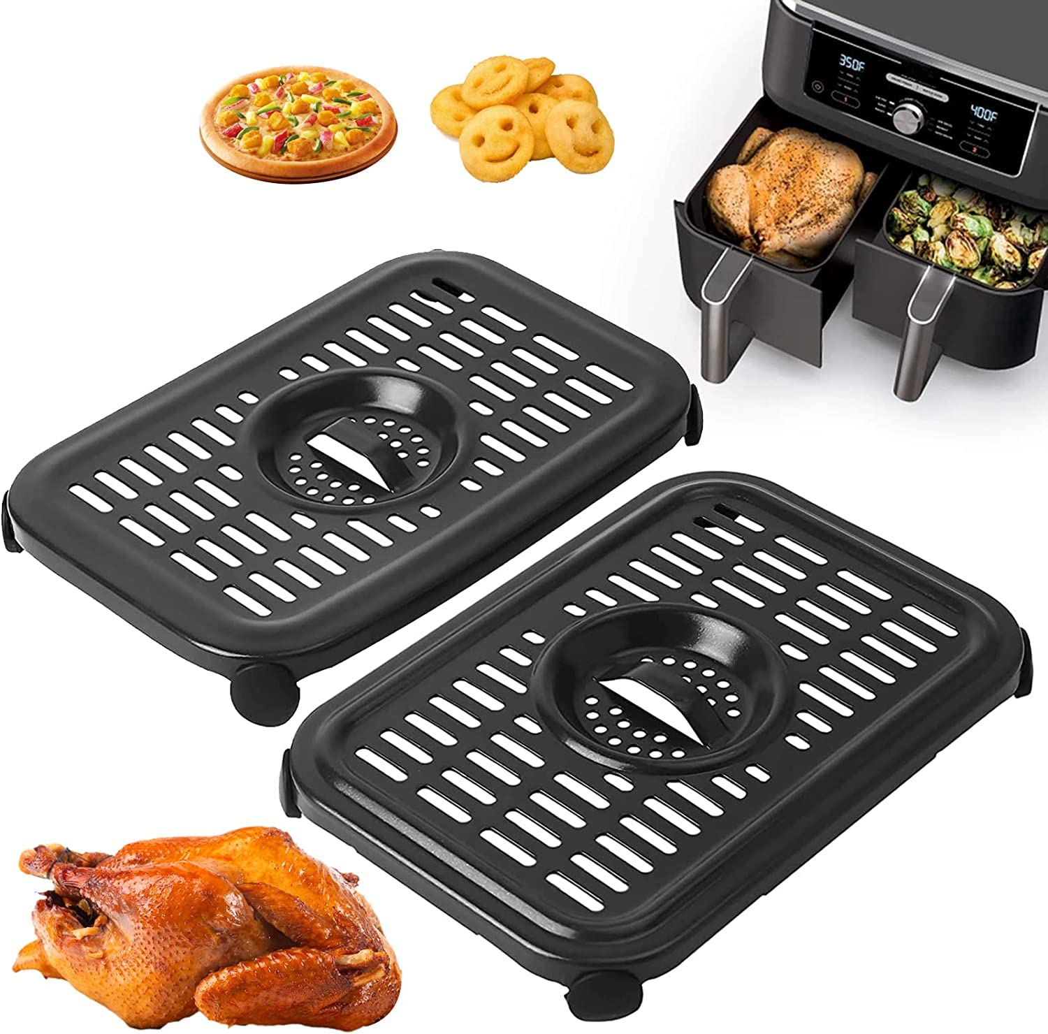 Air Fryer Grill Pan for Ninja Air Fryers, 2 Packs Replacement Air Fryer Crisper Plate Grill Plate Tray Accessories with Rubber Bumpers for Ninja Foodi DZ201 DZ100, Dishwasher Safe