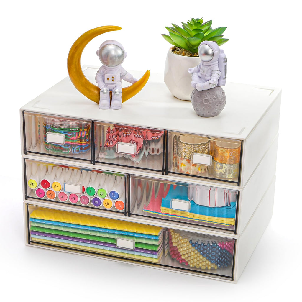 Hacaroa 3 Tier Mini Desk Organizer with 6 Drawers, Plastic Desktop Drawers Storage Box, Stackable Makeup Organizer Craft Storage Case for Office, School, Bathroom, Detachable Design, White