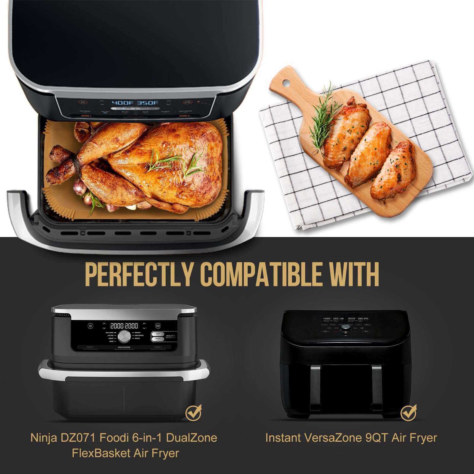 MMH 150PCs Air Fryer Liners for Ninja DZ071/DZ071C 7QT/Instant VersaZone 9QT,100PCs Small Liners for Divider Basket & 50PCs Large Disposable Paper Liners for 7QT MegaZone/Topzee 11QT
