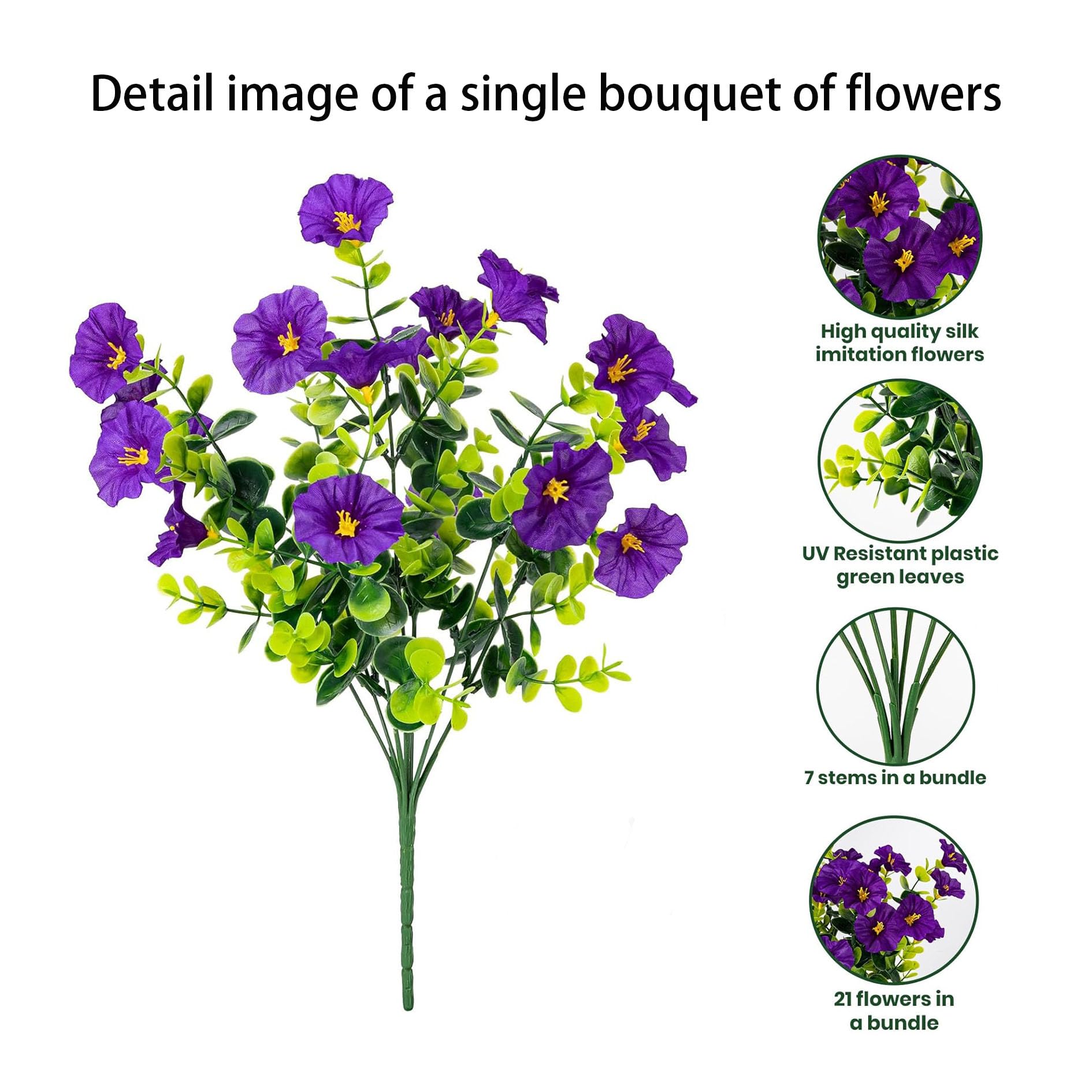 Artificial Flowers for Outdoors16 Bundles of UV-Resistant Silk Morning Glory with Eucalyptus-Realistic Faux Plants as Perfect Filler for Home Planter Porch & Garden Decor (Purple)