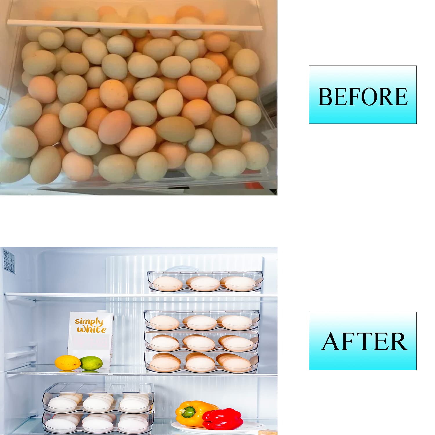 2-Tier Auto Rolling Egg Storage Container for Refrigerator, Clear Plastic Egg Tray with Lids, Large Capacity Kitchen Fridge Organizer Bin for 36 Eggs