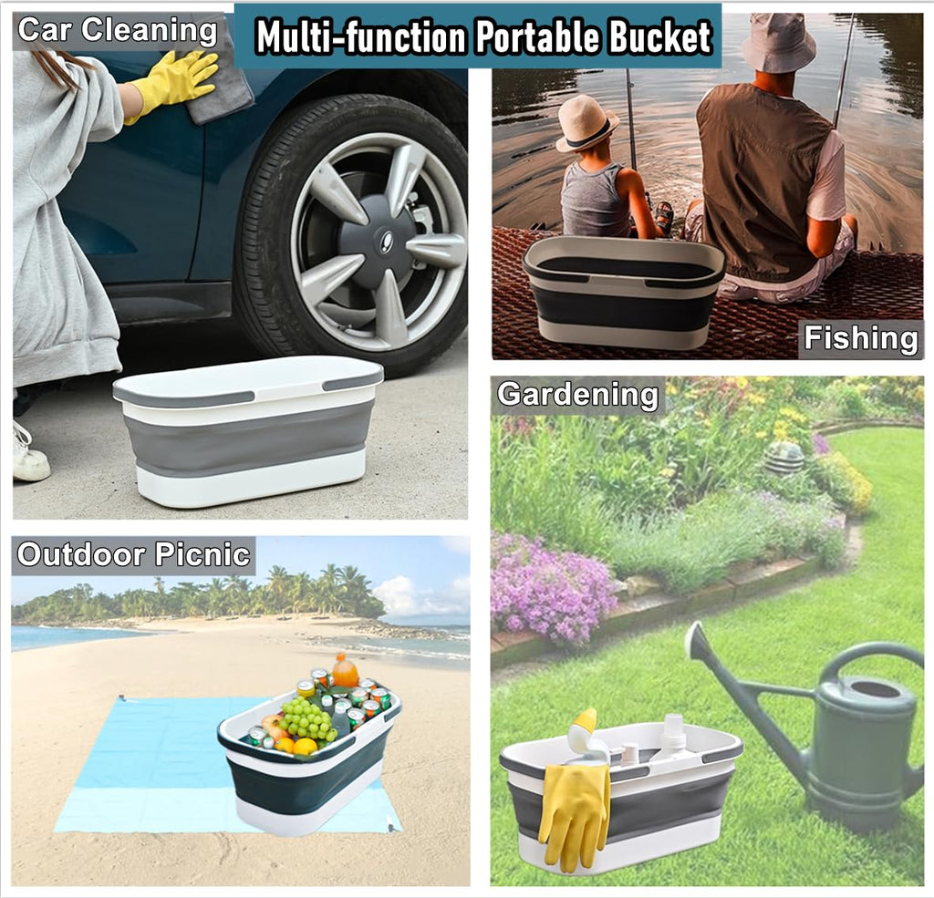 Collapsible Mop Bucket Basin Tub with Handle and Wheels, 12L (3.2 Gallon) Foldable Small Plastic Container for Household Cleaning, Car Washing, Portable Basket Bin Tool for Storage Organizer, Grey