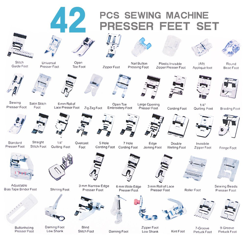 BUDDE 42pcs Domestic Sewing Machine Presser Feet Set for Brother, Babylock, Singer, Janome, Elna, Toyota, New Home, Simplicity, Necchi, Kenmore, and White Low Shank Sewing Machines