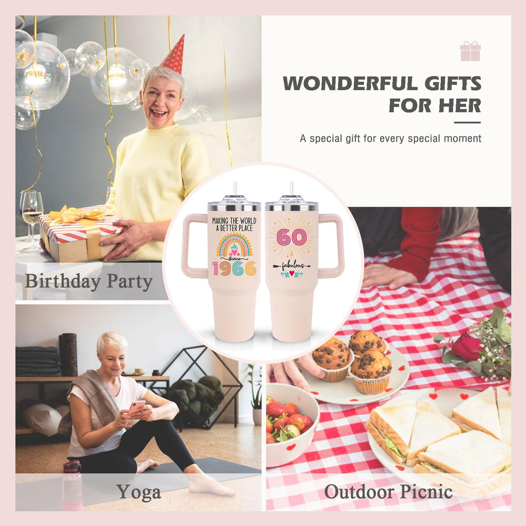 60th Birthday Gifts for Women Unique Fun Funny Cute 1966 60 th Birthday Gift for Woman Turning 60 Year Old Mom Mother Wife Aunt Auntie Sisters Teacher Friend and Fabulous Coffee Mug 40oz Tumbler
